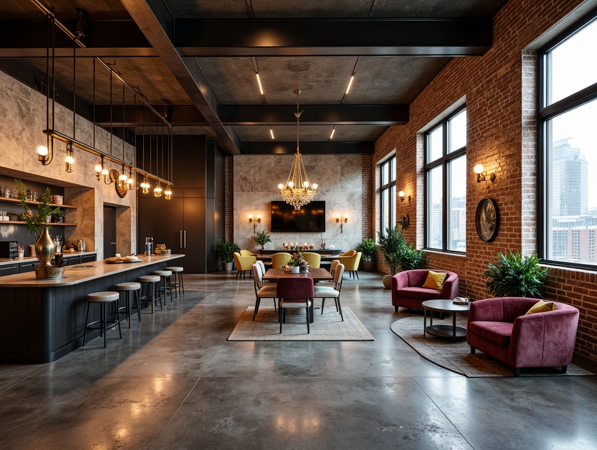 Prompt: Industrial chic loft, exposed brick walls, polished concrete floors, metal beams, reclaimed wood accents, Art Deco patterns, geometric shapes, metallic finishes, luxurious velvet fabrics, grand chandeliers, floor-to-ceiling windows, urban cityscape views, soft warm lighting, 1/1 composition, shallow depth of field, realistic textures, ambient occlusion.