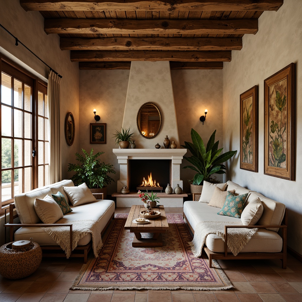 Prompt: Cozy living room, rustic wooden furniture, earthy color palette, natural stone walls, vintage decorative items, plush throw blankets, warm soft lighting, comfortable seating areas, traditional Indian patterns, intricate carvings, ornate mirrors, distressed wood accents, clay tiles, woven baskets, greenery, plants, botanical prints, warm beige tones, soft cushions, ethnic textiles, eclectic decor, relaxed atmosphere, shallow depth of field, 1/1 composition, realistic textures, ambient occlusion.