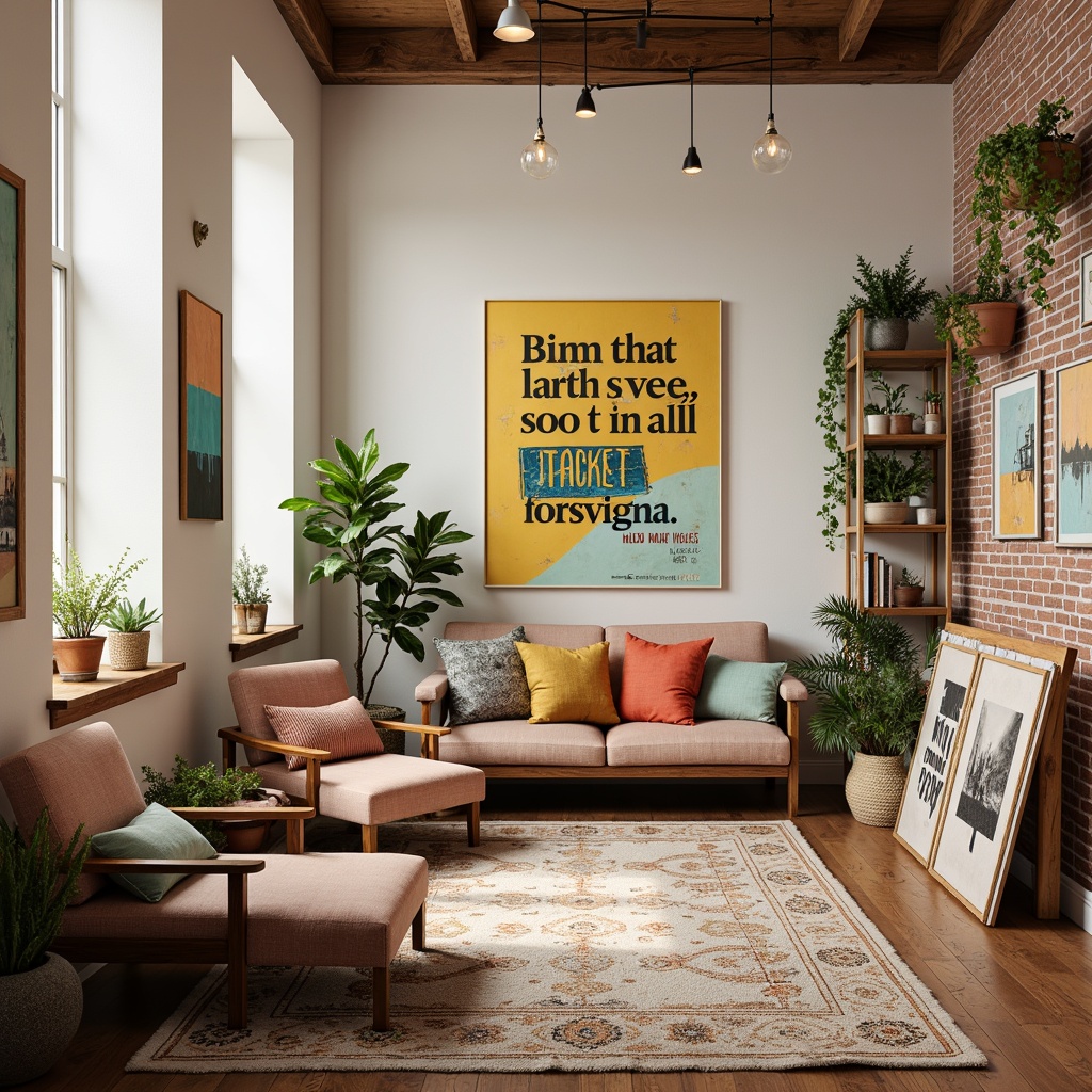 Prompt: Vibrant art studio, eclectic furniture, abstract artwork, bold typography, bright accent walls, pastel color scheme, creamy whites, rich wood tones, metallic accents, natural textiles, bohemian-inspired decor, warm ambient lighting, shallow depth of field, 1/1 composition, realistic textures, atmospheric perspective.