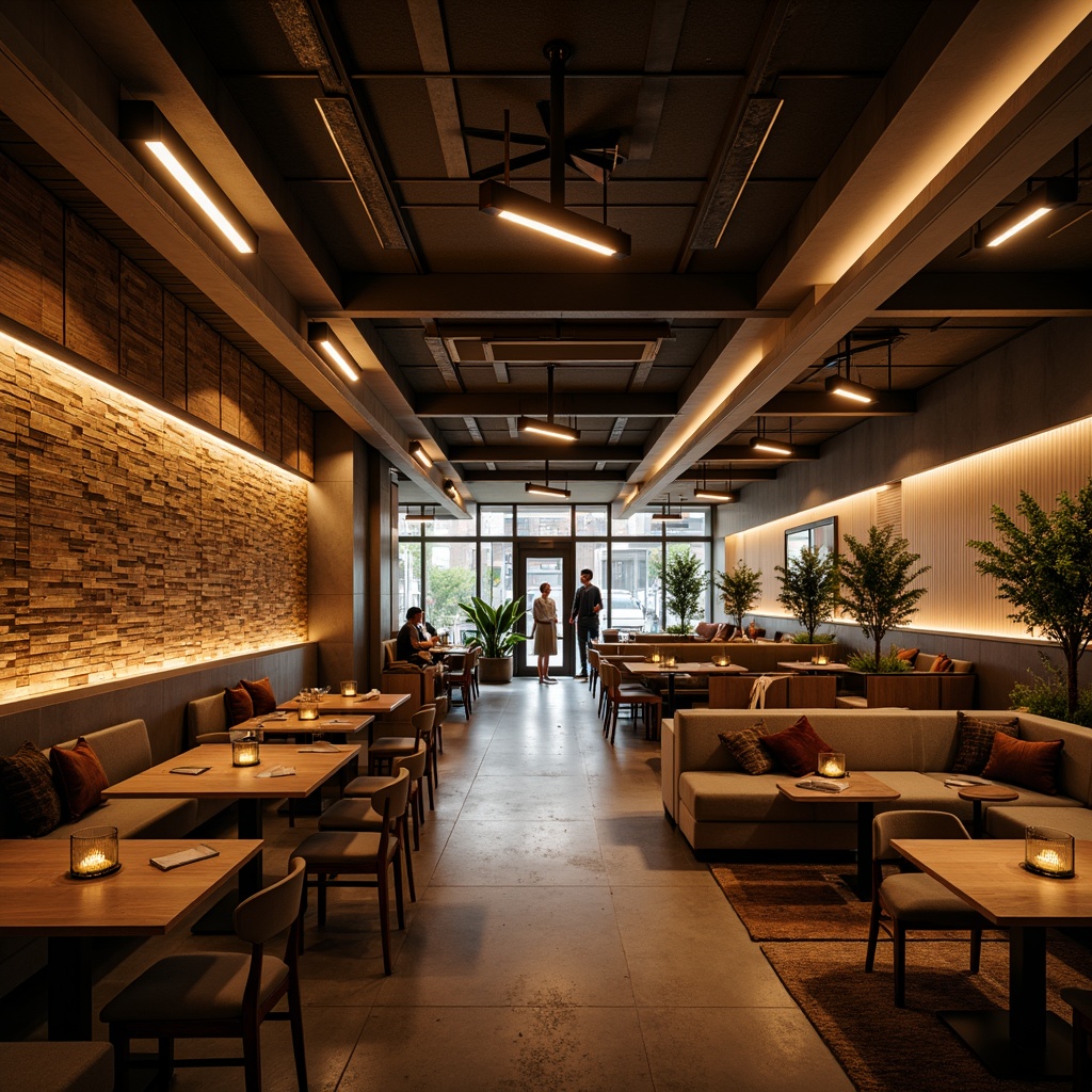 Prompt: Modern restaurant interior, warm ambient lighting, soft glowing lamps, pendant lights, LED strip lights, rustic wooden accents, industrial metal beams, polished concrete floors, minimalist decor, cozy seating areas, plush upholstery, natural textiles, earthy color palette, atmospheric shadows, warm golden light, 1/2 composition, shallow depth of field, realistic renderings.