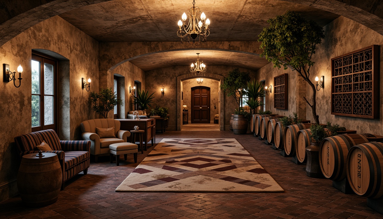 Prompt: Rustic wine cellar, distressed wooden flooring, aged stone walls, dimly lit ambiance, vintage wine barrels, ornate metal racks, soft warm lighting, earthy color palette, natural textures, reclaimed wood accents, worn brick pathways, arched doorways, antique furniture pieces, luxurious velvet drapes, rich jewel-toned fabrics, elegant chandeliers, classic European-inspired decor.