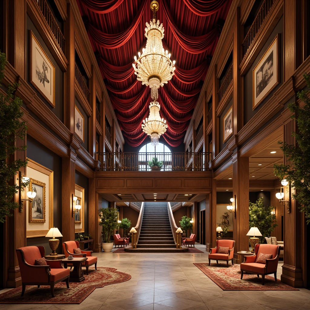 Prompt: Luxurious hotel lobby, ornate chandeliers, velvet drapes, rich wood paneling, intricately carved furniture, plush armchairs, golden accents, crystal vases, Renaissance-inspired patterns, grand staircase, marble flooring, opulent fabrics, majestic columns, warm ambient lighting, soft focus, shallow depth of field, 1/1 composition, realistic textures, ambient occlusion.