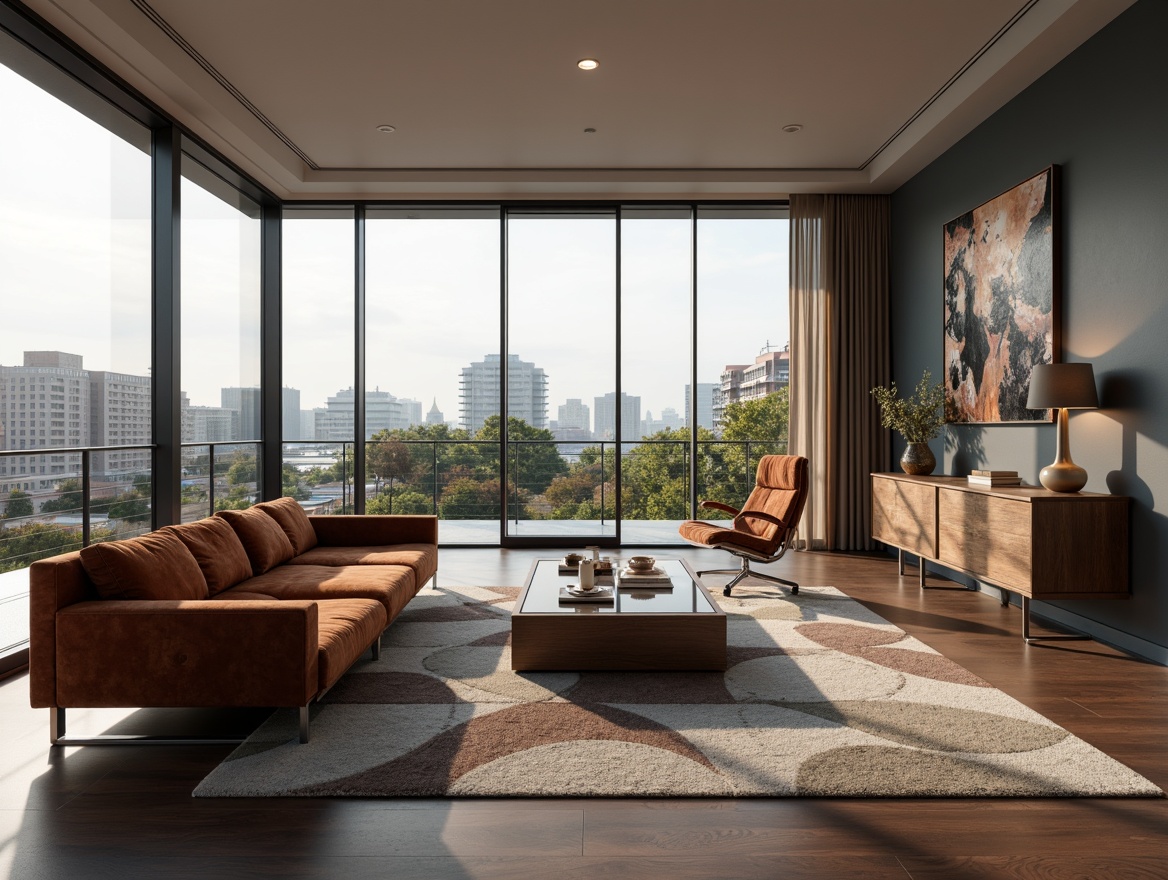 Prompt: Luxurious living room, sleek low-profile sofa, tufted velvet upholstery, polished chrome legs, minimalist coffee table, geometric patterned rug, floor-to-ceiling windows, urban cityscape view, soft warm lighting, subtle shadows, 1/1 composition, realistic textures, ambient occlusion.