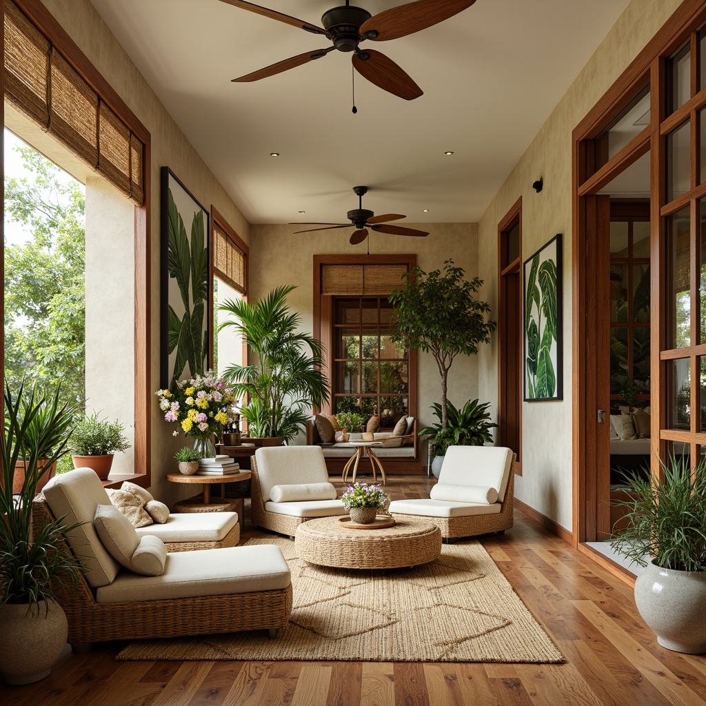 Prompt: Tropical interior, woven rattan furniture, natural wood accents, jute rugs, linen upholstery, bamboo blinds, palm frond patterns, vibrant floral arrangements, exotic botanical prints, warm beige walls, creamy white ceilings, polished wooden floors, rustic metal decor, organic textures, earthy color palette, soft diffused lighting, cozy reading nooks, lush greenery, natural ventilation, airy atmosphere, relaxed ambiance.