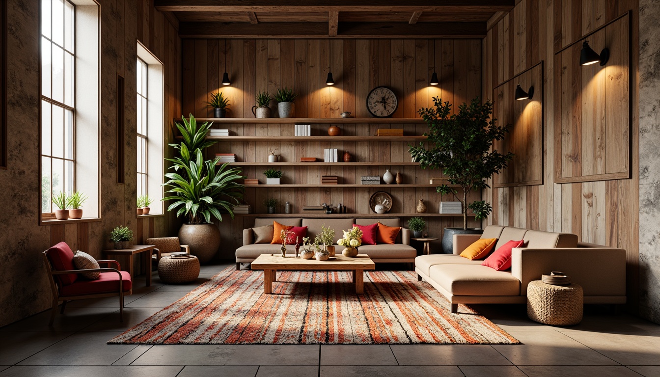 Prompt: Rustic wooden planks, rough stone walls, smooth metallic surfaces, translucent glass accents, vibrant colorful fabrics, intricate woven patterns, natural fiber rugs, distressed leather textures, industrial concrete floors, sleek minimalist decor, warm ambient lighting, dramatic shadows, 3/4 composition, shallow depth of field, realistic reflections.