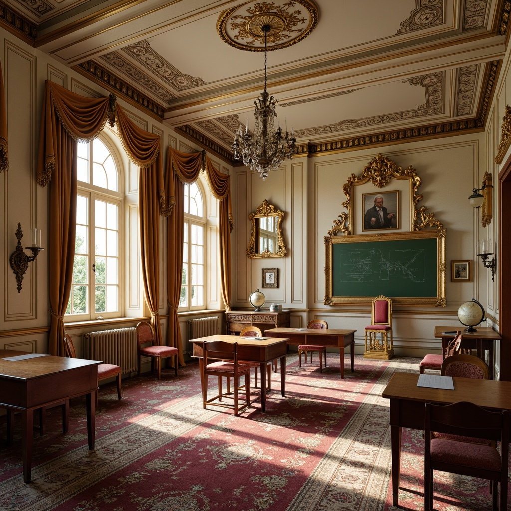 Prompt: Ornate Rococo-style classroom, lavish furnishings, intricate carvings, soft pastel colors, plush velvet upholstery, ornamental mirrors, crystal chandeliers, elegant wooden desks, comfortable cushioned chairs, luxurious carpets, tall windows with heavy drapery, natural light pouring in, warm cozy atmosphere, subtle scent of old books, traditional teaching tools, vintage globes, classic chalkboards, 3/4 composition, shallow depth of field, soft focus, warm golden lighting.