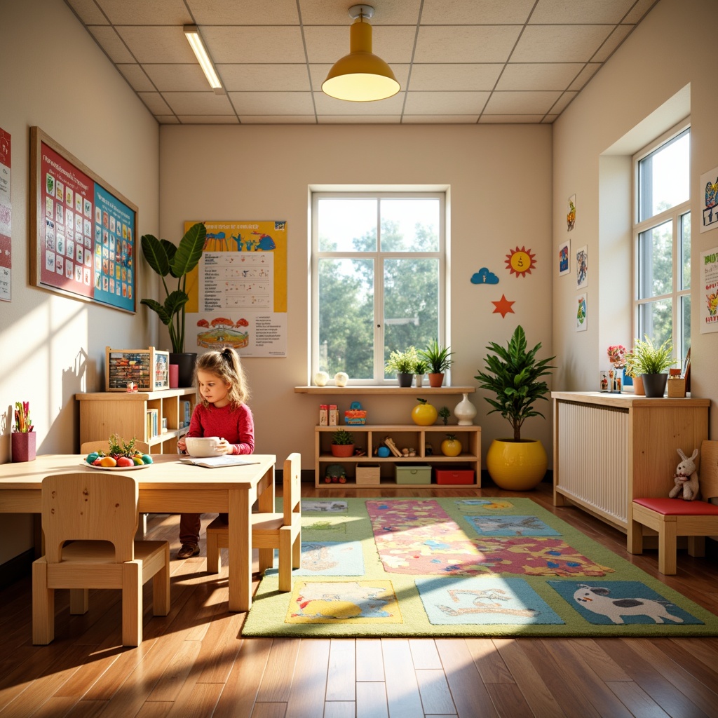 Prompt: Vibrant kindergarten classroom, bright primary colors, pastel hues, soft wooden furniture, playful alphabet decorations, whimsical illustrations, colorful rug patterns, cheerful lighting fixtures, educational wall charts, interactive whiteboards, rounded table edges, sturdy kid-sized chairs, textured fabric walls, natural light pouring in, warm afternoon sunbeams, shallow depth of field, 1/1 composition, inviting atmosphere.