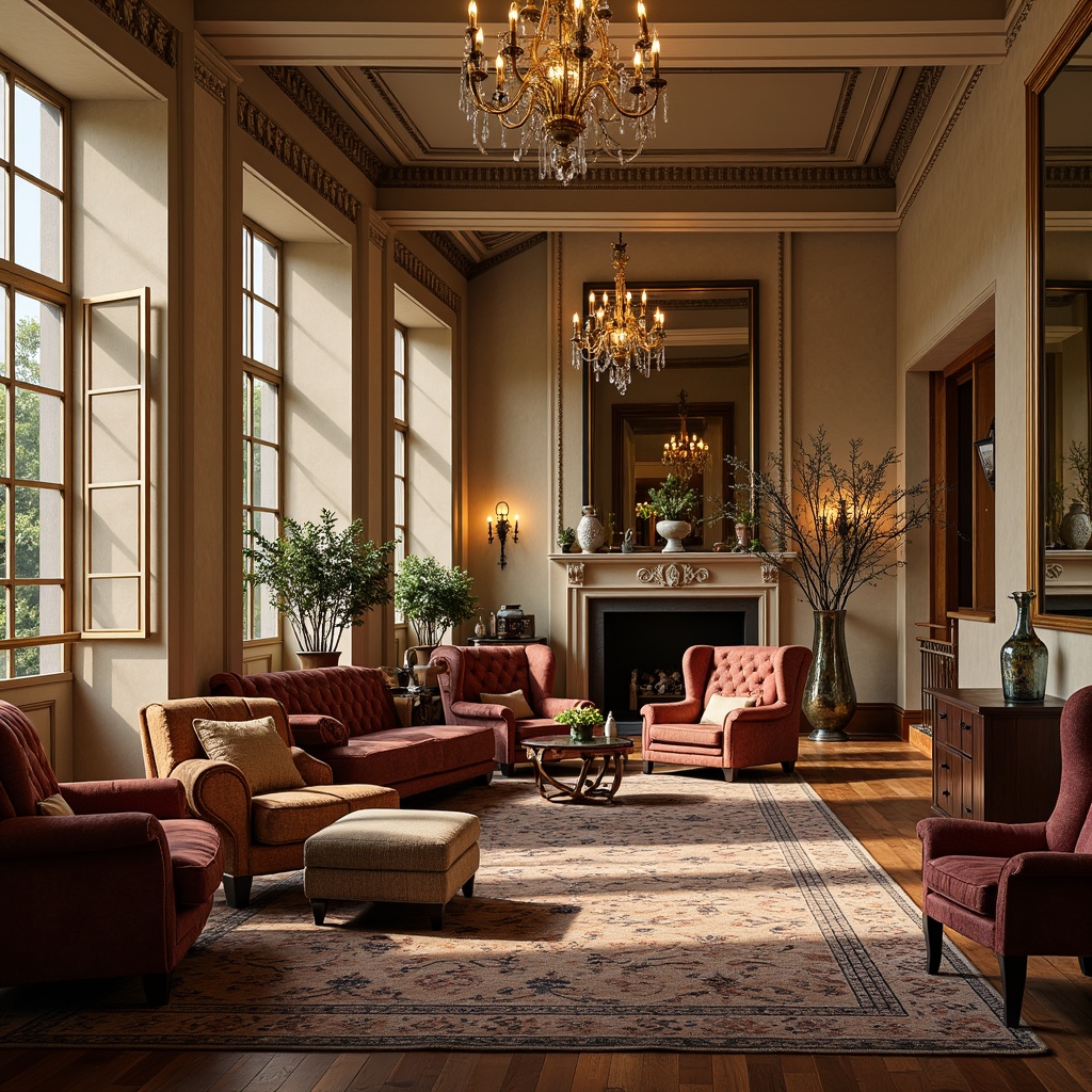 Prompt: Elegant living room, rich wood tones, velvet upholstery, ornate carvings, antique vases, crystal chandeliers, soft golden lighting, plush area rugs, tufted sofas, wingback chairs, intricately patterned fabrics, luxurious marble tops, ornamental mirrors, classic columnar architecture, refined moldings, subtle neutral colors, warm beige walls, polished wooden floors, sophisticated ambiance, shallow depth of field, 1/1 composition, realistic textures, ambient occlusion.