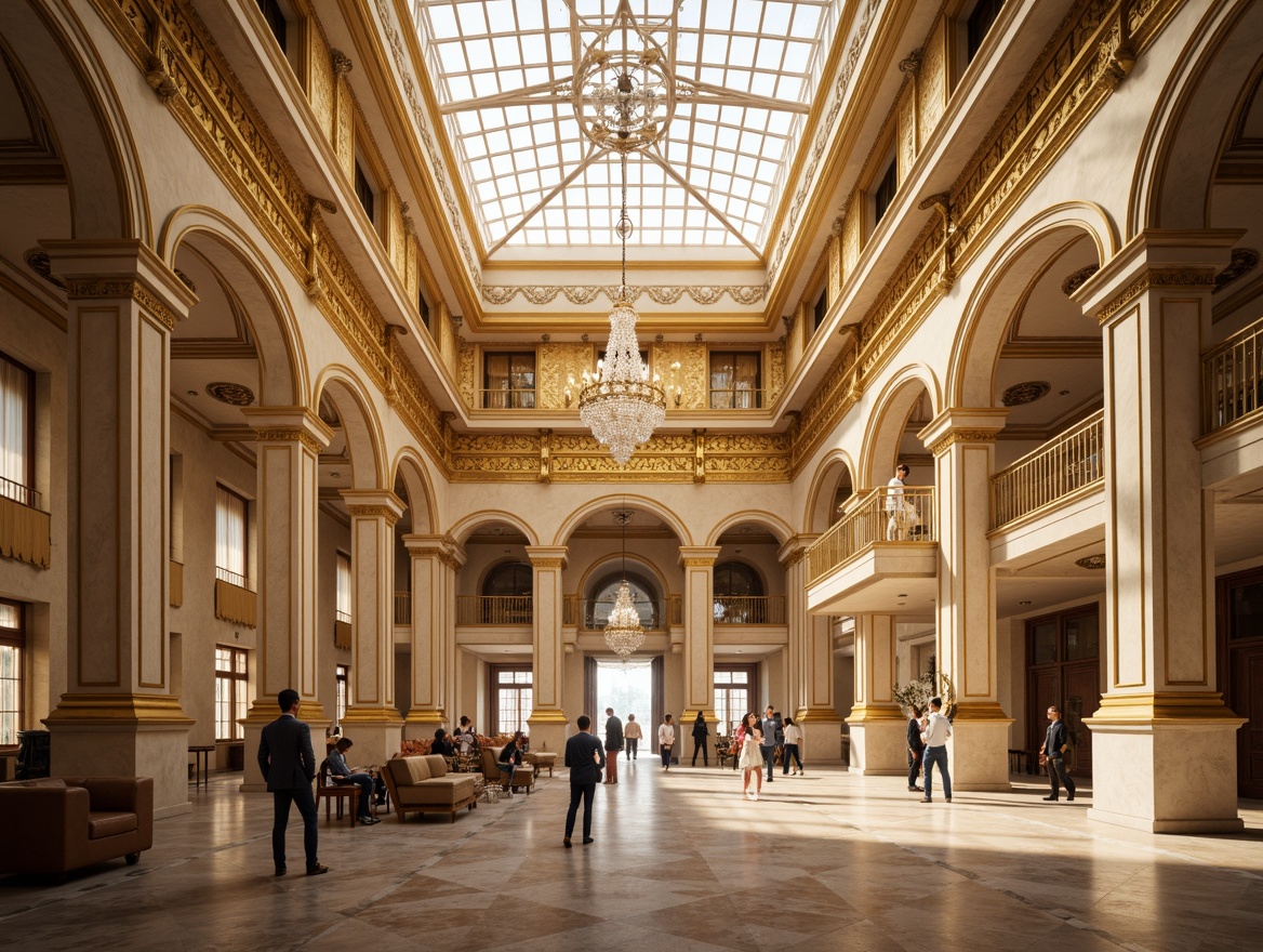 Prompt: \Grandiose ceiling design, ornate moldings, gilded accents, crystal chandeliers, luxurious fabrics, intricate plasterwork, domed skylights, symmetrical compositions, classical proportions, rich wood tones, creamy marble, soft golden lighting, subtle shading, atmospheric perspective, 1/1 composition, realistic textures, ambient occlusion.\