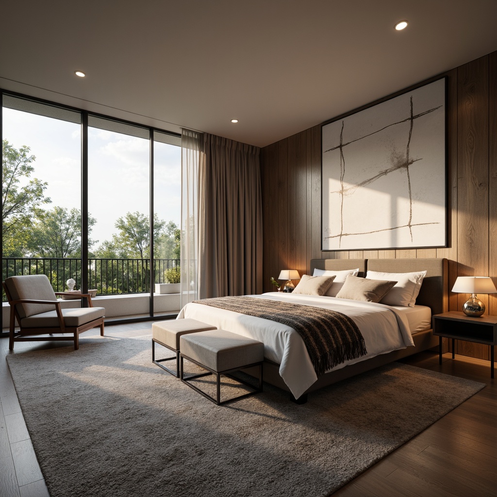 Prompt: Modern bedroom ambiance, soft warm lighting, plush carpet flooring, upholstered headboard, velvet fabrics, subtle sheen, natural fibers, woven patterns, abstract designs, monochromatic color scheme, luxurious feel, serene atmosphere, floor-to-ceiling windows, minimalist decor, low-profile furniture, geometric shapes, metallic accents, ambient texture, realistic normal mapping.