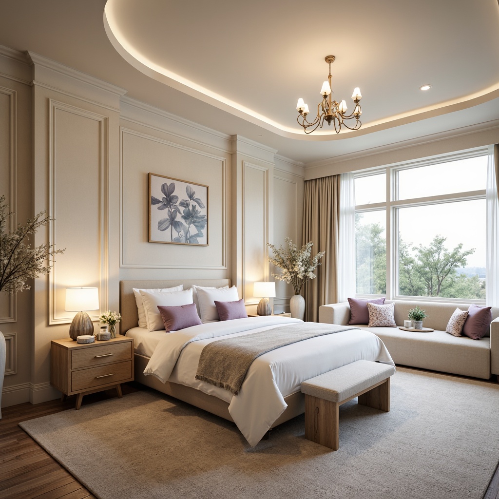 Prompt: Calming bedroom atmosphere, soft warm lighting, plush carpet flooring, gentle curves, soothing pastel colors, creamy whites, pale blues, mauve accents, natural wood furniture, subtle textures, delicate patterns, romantic ambiance, cozy reading nook, floor-to-ceiling windows, sheer curtains, elegant chandelier, relaxing retreat.