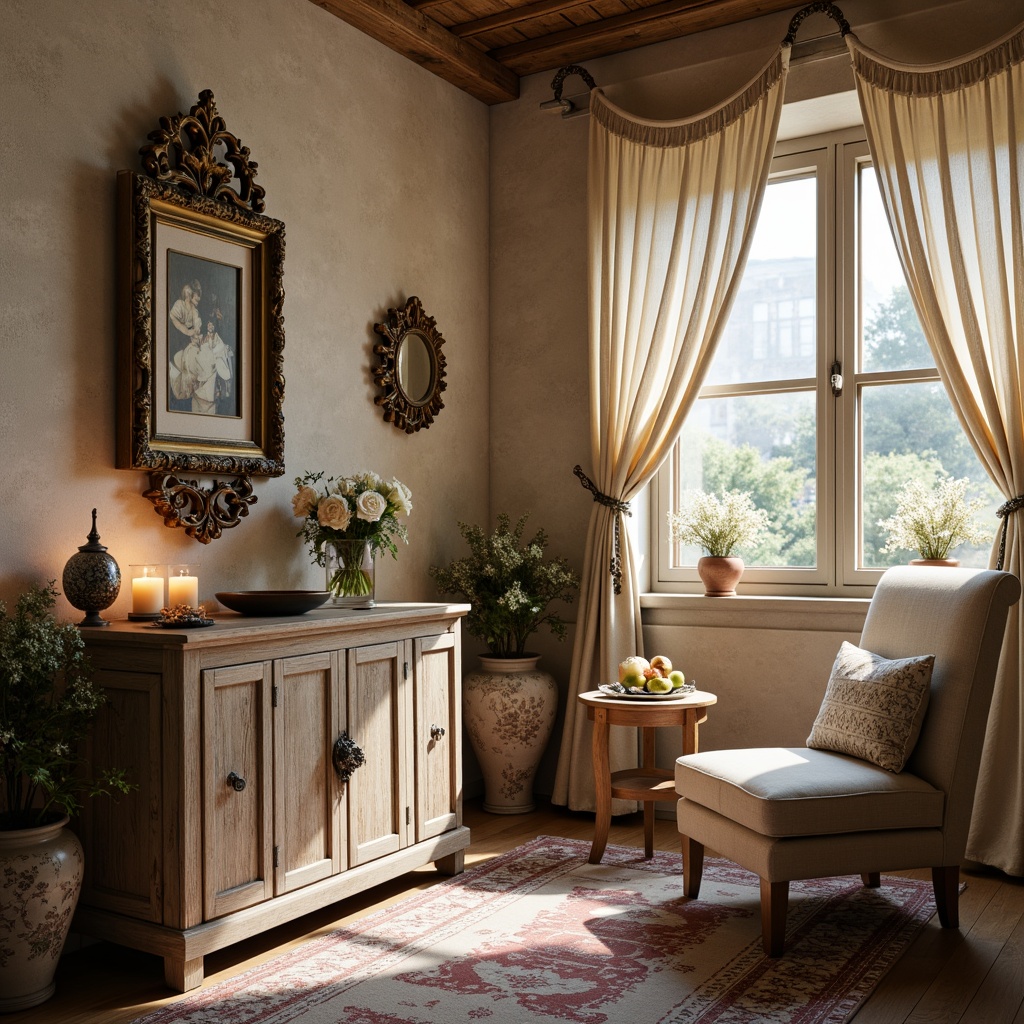 Prompt: Distressed wooden furniture, soft pastel hues, vintage lace curtains, ornate metalware, floral patterned rugs, distressed finishes, antique decorative accents, warm candlelight, rustic stone walls, cozy nooks, plush velvet fabrics, delicate porcelain vases, intricate carvings, subtle sheen textures, muted color palette, warm beige tones, soft feminine touches, elegant candelabras, ornate picture frames, richly upholstered armchairs, lavish drapery, romantic ambiance, intimate atmosphere, 3/4 composition, warm softbox lighting, realistic wood grain textures.