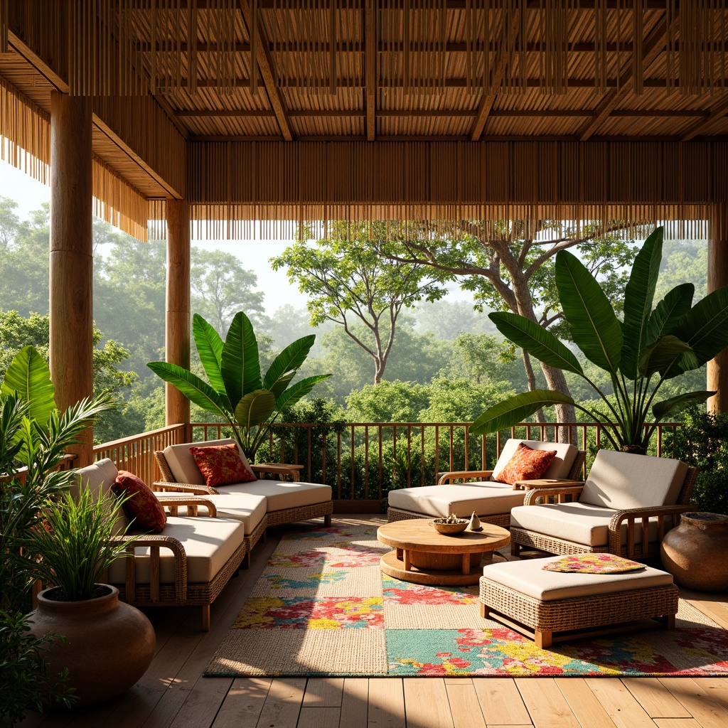 Prompt: Exotic tropical island, lush greenery, natural woven fibers, rattan furniture, wicker accents, bold colorful textiles, vibrant floral patterns, organic wood tones, reclaimed teak wood, bamboo flooring, jute rugs, linen upholstery, natural fiber drapes, earthy terracotta pots, tropical plants, warm sunny lighting, soft diffused shadows, 1/1 composition, intimate close-up shots, realistic textures, ambient occlusion.