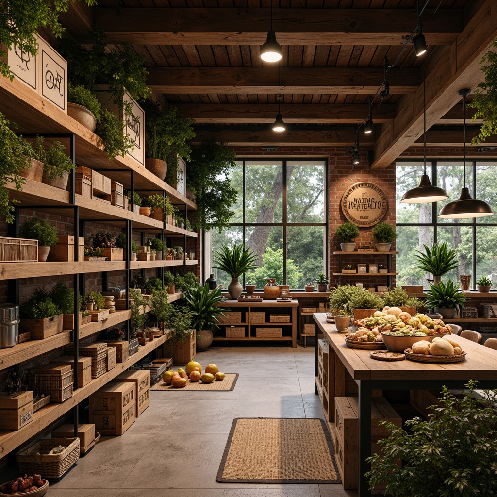 Prompt: Rustic grocery store, reclaimed wood shelves, distressed metal frames, earthy tone color scheme, wooden crates, woven baskets, vintage signage, antique-inspired lighting fixtures, exposed brick walls, stone floors, natural fiber rugs, abundant greenery, warm cozy ambiance, soft diffused lighting, 1/2 composition, intimate focal length, realistic textures, subtle ambient occlusion.