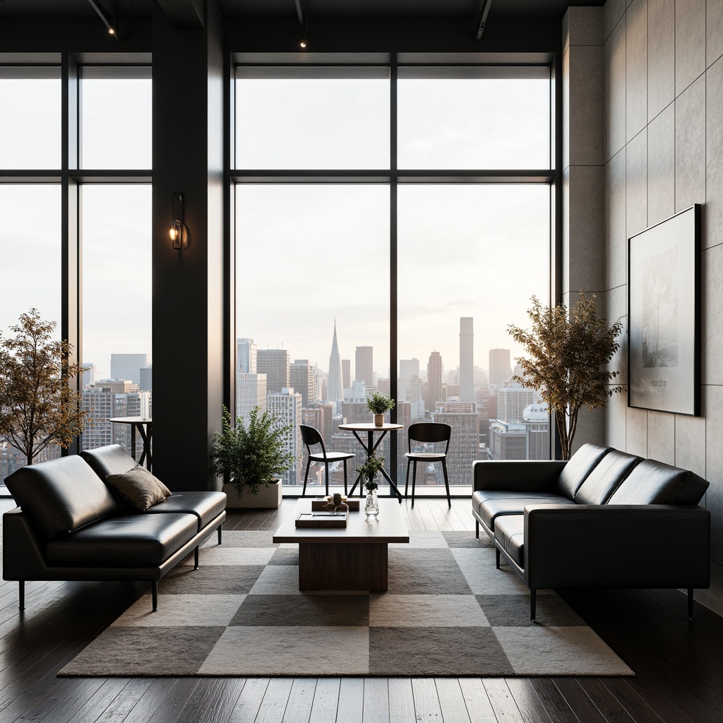 Prompt: Monochromatic minimalist interior, sleek low-profile furniture, smooth leather sofas, compact coffee tables, geometric-patterned rugs, industrial metal chairs, floor-to-ceiling windows, abundant natural light, soft warm ambiance, shallow depth of field, 3/4 composition, realistic textures, ambient occlusion.