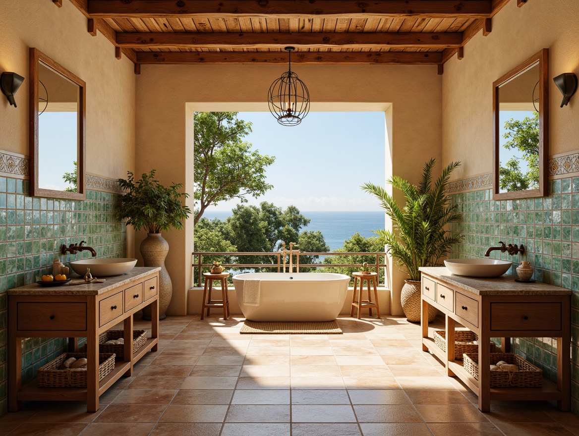 Prompt: Mediterranean-style bathroom, warm beige walls, earthy terracotta floors, ornate ceramic tiles, turquoise glass mosaics, Moroccan-inspired geometric patterns, hand-painted decorative accents, soft golden lighting, antique bronze fixtures, natural stone vanities, rustic wooden cabinets, woven rattan baskets, lush greenery, refreshing ocean views, sunny day, warm ambient glow, 1/1 composition, realistic textures, detailed normal maps.