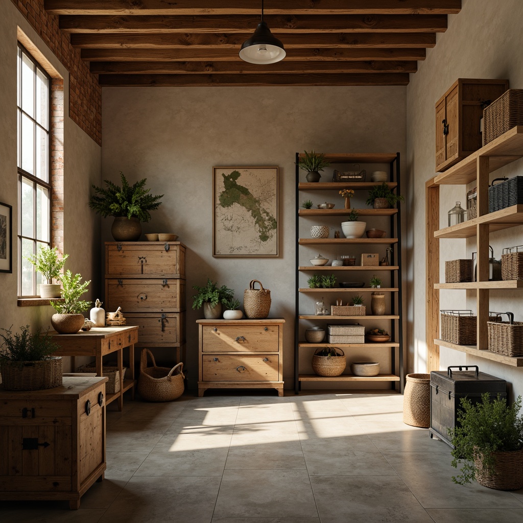 Prompt: Cozy storage room, soft warm lighting, beige walls, wooden crates, metal shelves, vintage trunks, distressed finishes, earthy tones, natural textures, woven baskets, industrial accents, exposed brick, concrete floors, minimalist decor, calm atmosphere, subtle color contrasts, 3/4 composition, realistic shadows, ambient occlusion.