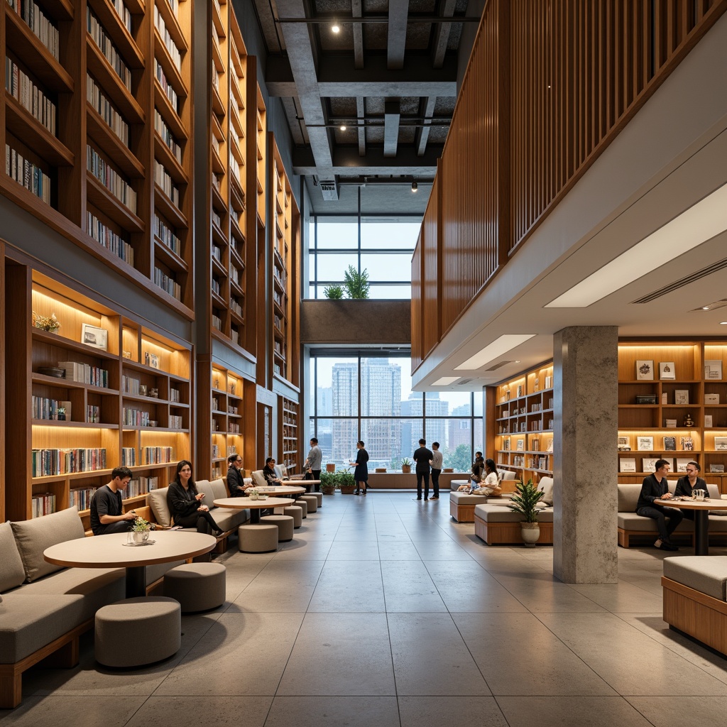 Prompt: Contemporary library interior, sleek shelving systems, minimalist wooden shelves, floor-to-ceiling bookcases, ladder access, cozy reading nooks, comfortable seating areas, warm LED lighting, subtle color scheme, polished concrete floors, modern architectural details, geometric patterns, natural stone accents, abundant natural light, panoramic city views, 1/1 composition, shallow depth of field, realistic textures.