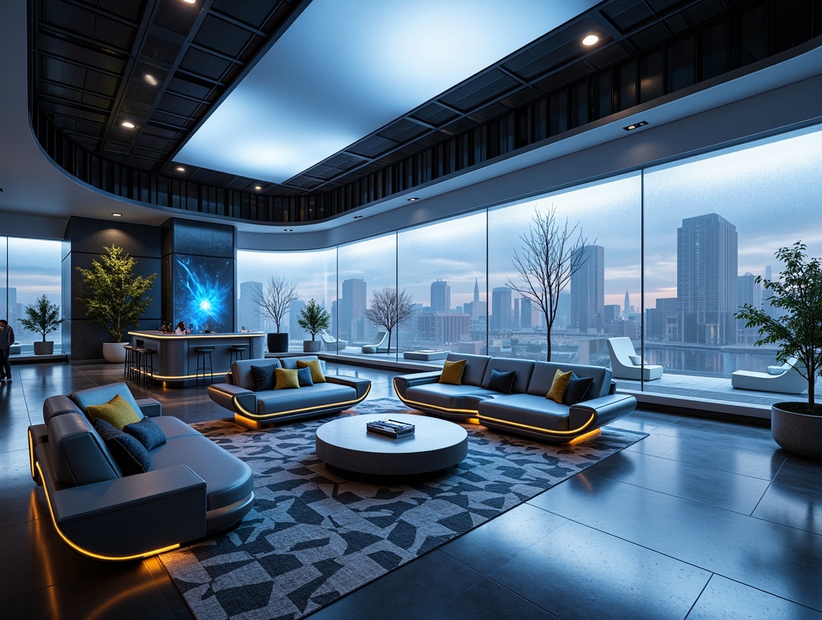 Prompt: Futuristic living room, sleek metal furniture, holographic coffee tables, levitating sofas, neon-lit ambient lighting, transparent glass walls, minimalist decor, sustainable materials, 3D-printed chairs, virtual reality headsets, futuristic sound systems, soft glowing accents, metallic silver floors, geometric patterned rugs, curved lines, modernist architecture, high-tech gadgets, abstract digital art, atmospheric misting system, shallow depth of field, panoramic view.