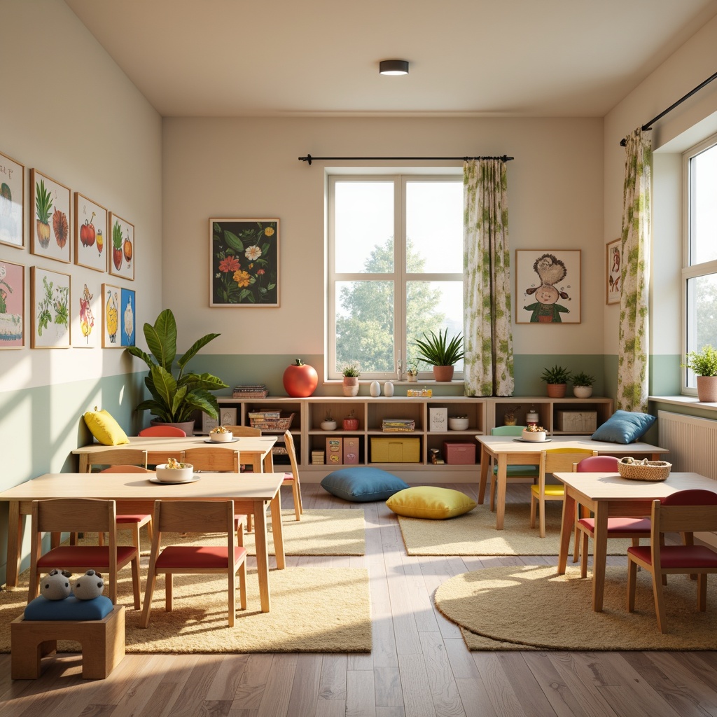 Prompt: Vibrant kindergarten classroom, mid-century modern furniture, wooden tables, colorful chairs, rounded edges, minimalist decor, natural wood accents, pastel color palette, soft cushions, plush toys, educational posters, whimsical illustrations, cozy reading nooks, circular rugs, warm lighting, shallow depth of field, 1/1 composition, realistic textures, ambient occlusion.