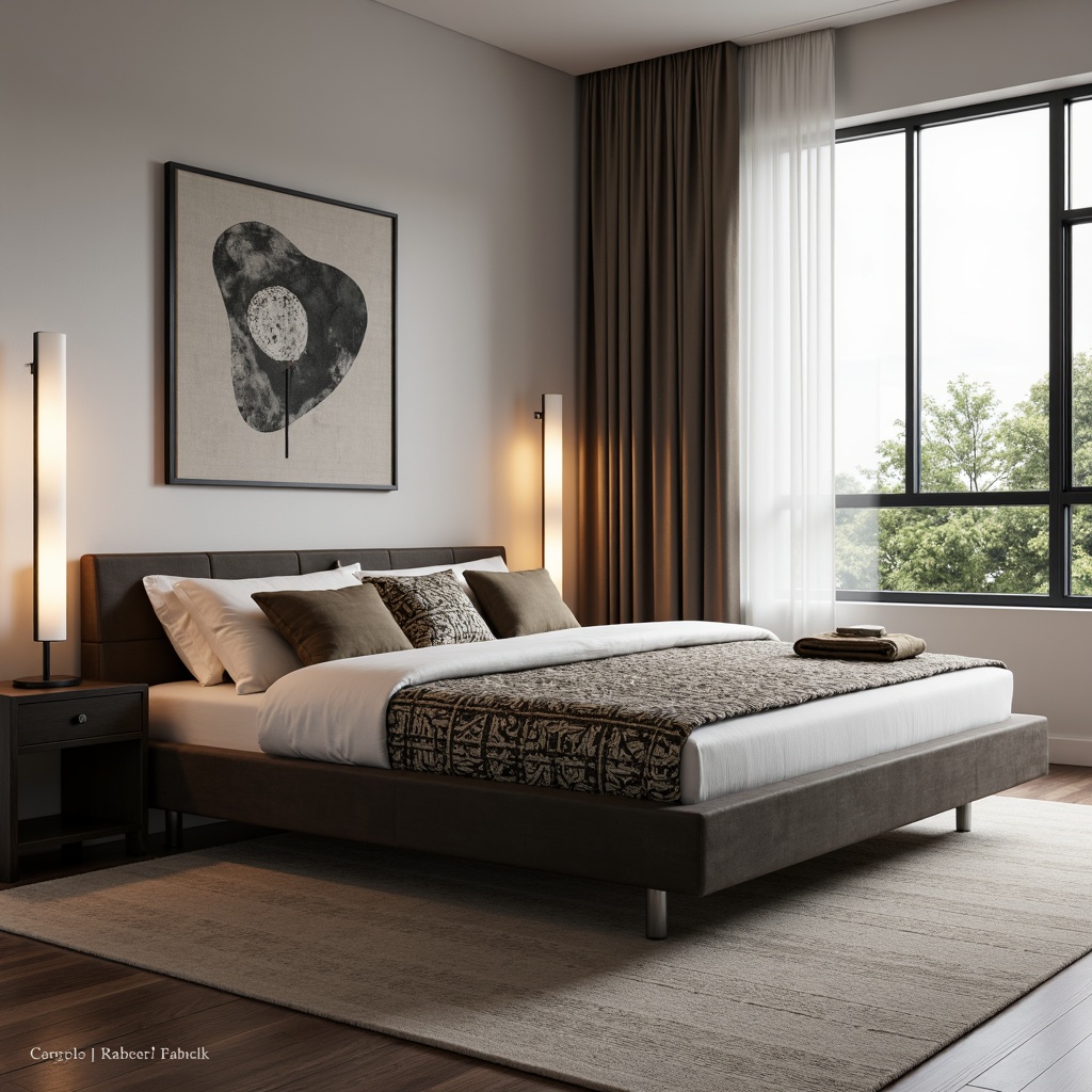 Prompt: Modern bedroom, sleek furniture, low-profile bed frame, tufted headboard, plush area rug, velvety soft upholstery, abstract patterned bedding, geometric motif throw pillows, linen-cotton blend fabrics, natural fiber textures, subtle sheen finishes, warm neutral tones, ambient soft lighting, 1/1 composition, shallow depth of field, realistic fabric rendering.