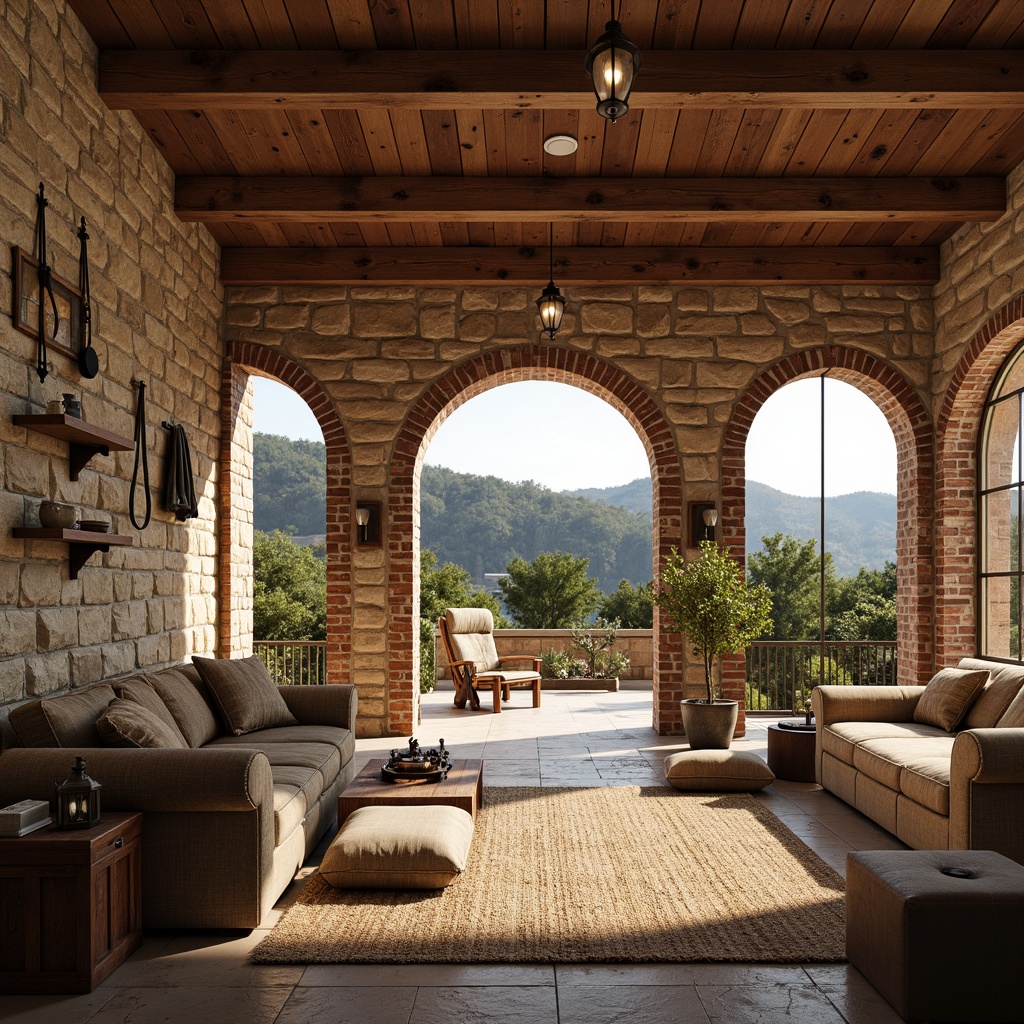 Prompt: Rustic amphitheater farmhouse, natural stone walls, wooden beams, earthy color palette, vintage farm tools, distressed leather furniture, woven textiles, pendant lanterns, brick archways, cozy nooks, built-in shelving, large windows, sliding glass doors, panoramic views, rolling hills, lush greenery, sunny day, soft warm lighting, shallow depth of field, 3/4 composition, realistic textures, ambient occlusion.