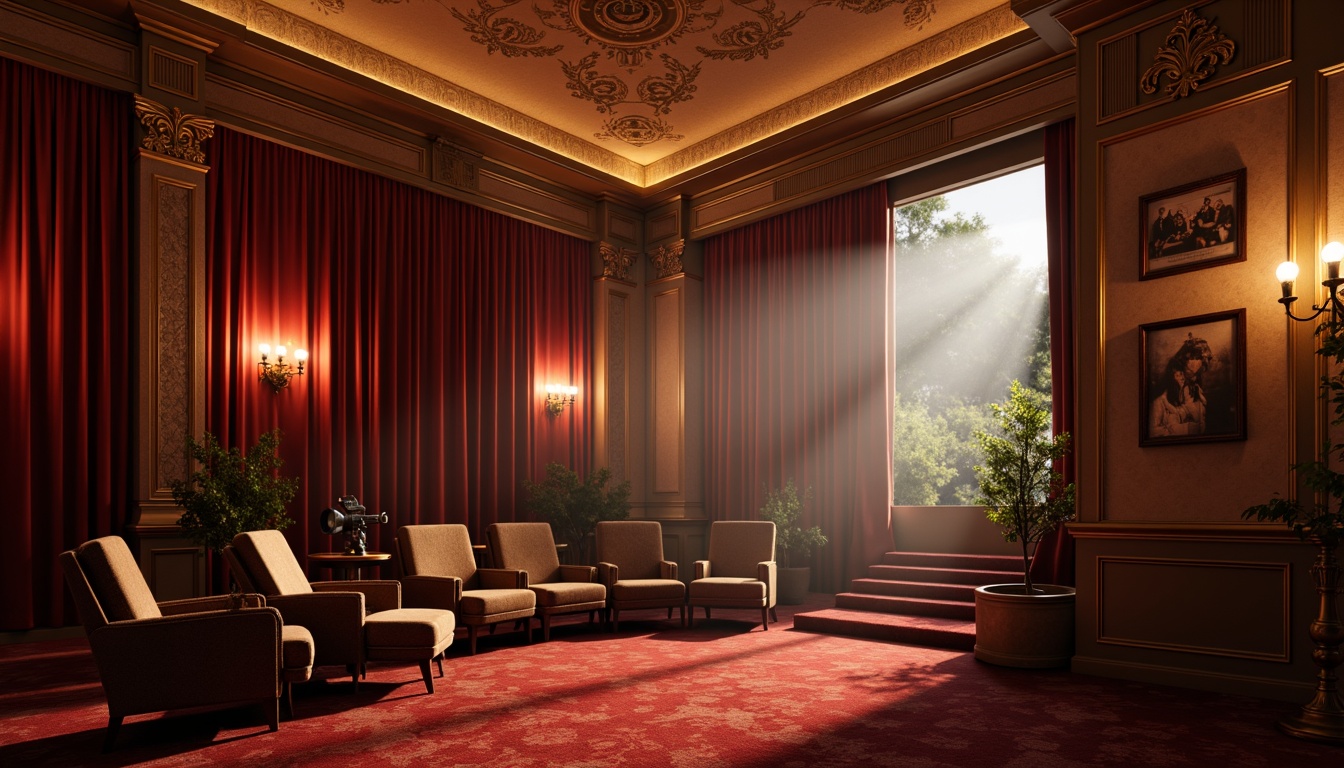 Prompt: Elegant movie theater, rich velvet curtains, ornate golden accents, soft warm lighting, luxurious red carpeting, vintage film cameras, classic cinema seats, nostalgic 1920s-1950s era, Art Deco patterns, warm earthy tones, deep crimson reds, burnt oranges, creamy whites, subtle beige textures, cinematic spotlights, dramatic shadows, atmospheric smoke effects, retro-style posters, ornate metalwork details, refined typography.