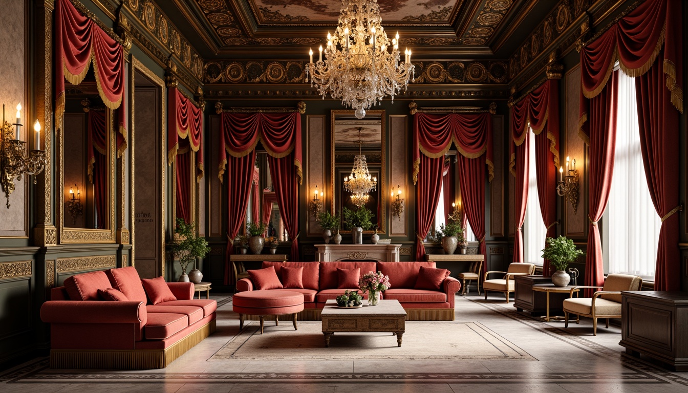 Prompt: Rich velvet fabrics, golden embroidery, ornate patterns, luxurious drapes, majestic tassels, lavish upholstery, antique furniture, opulent chandeliers, intricate carvings, grandiose architecture, regal color palette, heavy silk curtains, brocade textures, sophisticated marble floors, elegant crystal fixtures, soft warm lighting, dramatic shadows, 1/1 composition, ornate mirrors, gilded frames, exquisite furnishings, lavish decor.