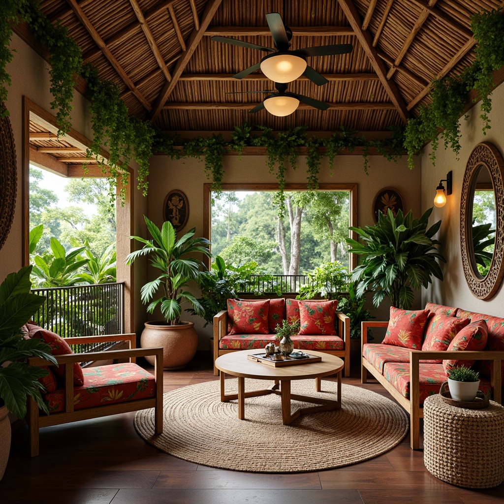 Prompt: Vibrant tropical interior, lush greenery, exotic flowers, natural wood accents, rattan furniture, colorful tiki patterns, woven textiles, bamboo ceiling fans, jute rugs, statement lighting fixtures, ornate mirrors, eclectic decorative accessories, vintage travel souvenirs, global-inspired artifacts, warm earthy tones, inviting ambiance, soft diffused lighting, shallow depth of field, 1/2 composition, intimate atmosphere, realistic textures.