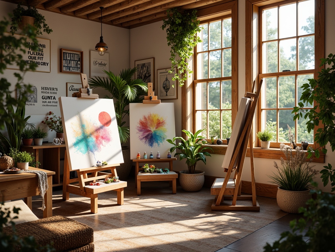 Prompt: Vibrant art studio, natural light pouring in, wooden easels, colorful paints, artistic brushes, inspirational quotes, calming atmosphere, soothing music, earthy tones, pastel hues, creamy whites, rich browns, bold accents, textured canvases, eclectic decor, bohemian vibes, cozy seating area, lush greenery, blooming flowers, warm afternoon sunlight, soft focus, shallow depth of field, 2/3 composition, natural textures, ambient occlusion.