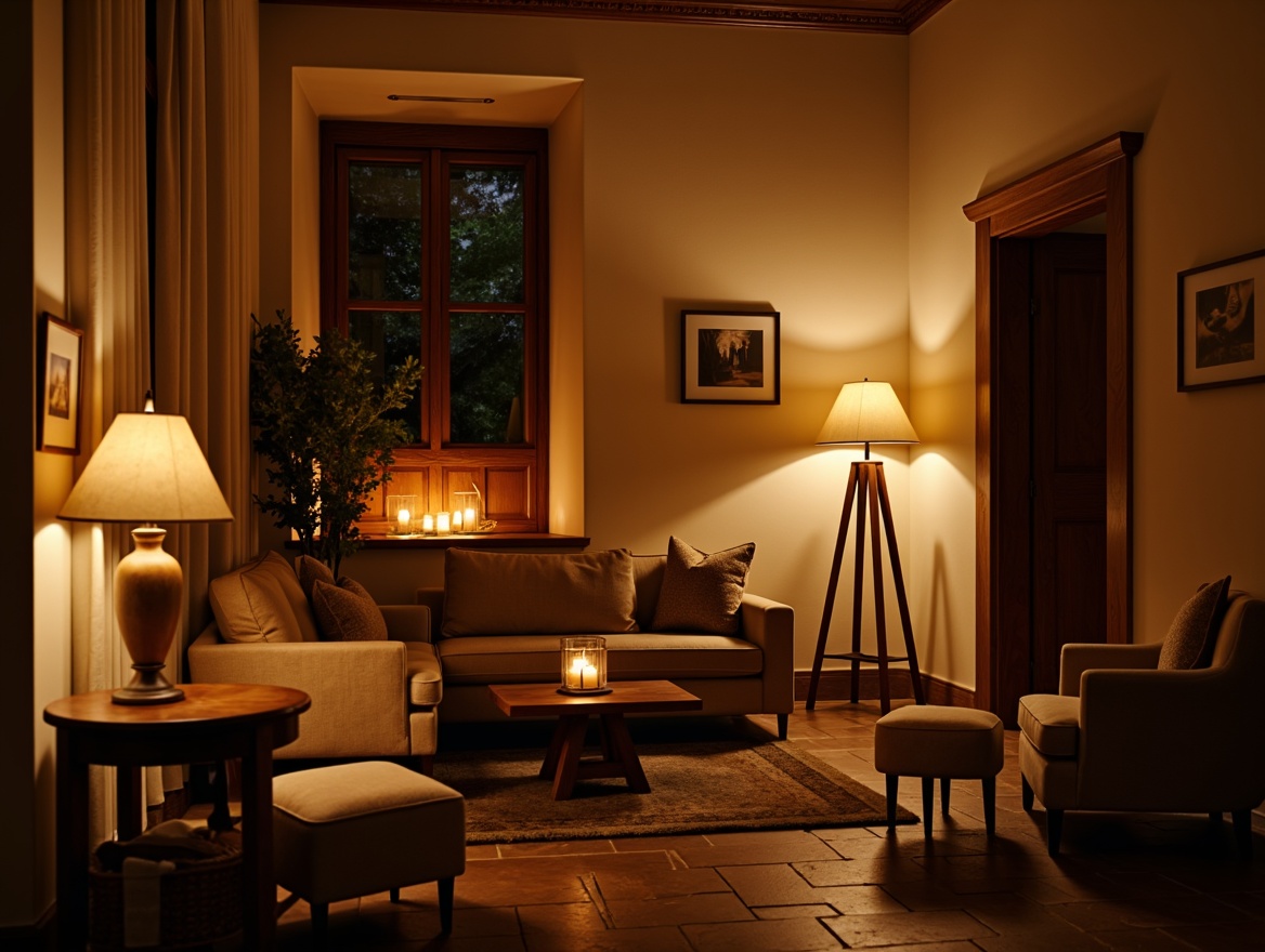 Prompt: Warm candlelight, soft glow, golden hue, warm beige walls, rich wood tones, plush furnishings, velvety textures, natural stone floors, earthy color palette, table lamps, floor lamps, dimmable lighting, cozy reading nook, comfortable seating area, relaxing atmosphere, gentle shadows, 1/1 composition, shallow depth of field, soft focus, warm color temperature.