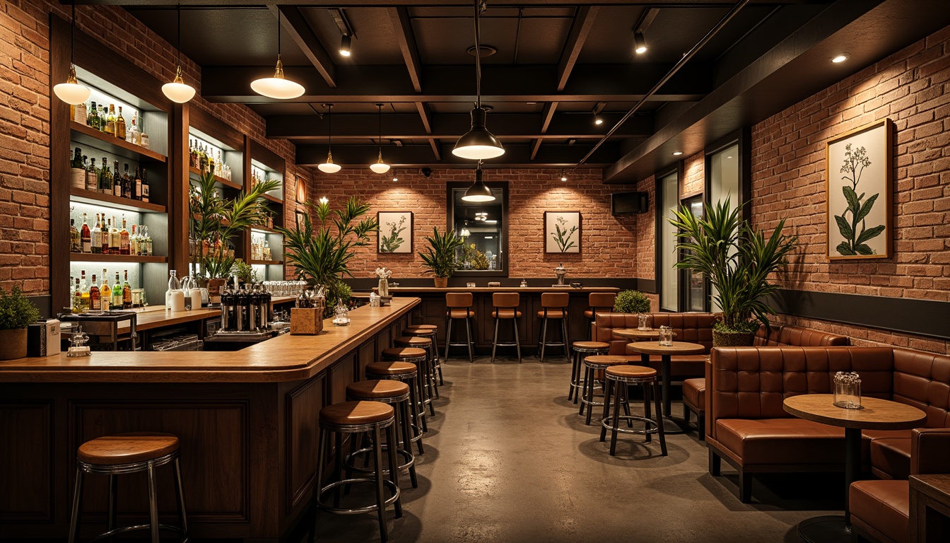 Prompt: Industrial-chic bar, reclaimed wood accents, metal stools, vintage lighting fixtures, exposed brick walls, urban loft atmosphere, rich leather upholstery, rustic wooden tables, ornate metalwork, dim warm lighting, shallow depth of field, 1/2 composition, realistic textures, ambient occlusion.