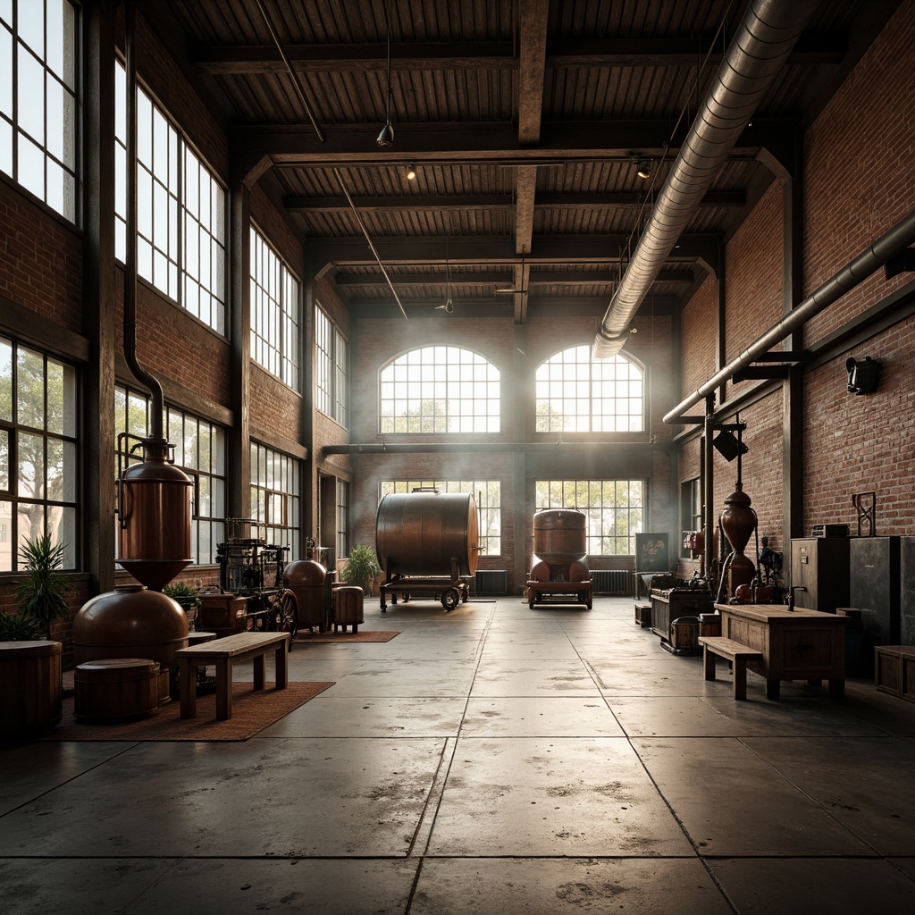 Prompt: \Vast open space, industrial factory setting, exposed brick walls, metal beams, concrete flooring, large windows, natural light pouring in, reclaimed wood accents, vintage machinery, functional pipes, distressed textures, warm color palette, atmospheric misting, shallow depth of field, 1/1 composition, symmetrical framing, dramatic shadows, ambient occlusion.\