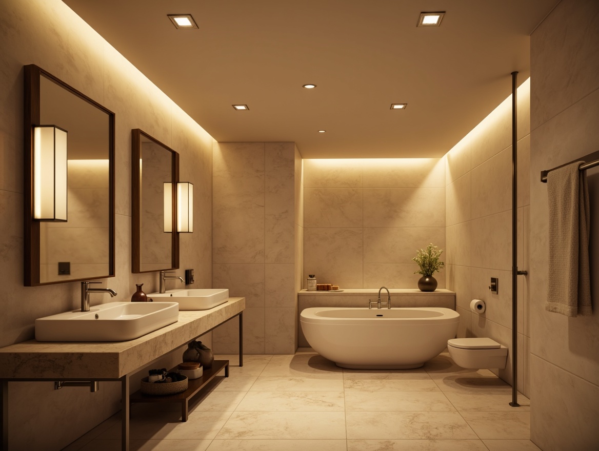 Prompt: Soft warm glow, minimalist powder room, calm ambiance, subtle lighting, recessed ceiling lights, sleek metal fixtures, frosted glass shades, warm beige walls, marble countertops, simple furniture, elegant mirror frames, soft-close cabinetry, porcelain sinks, wall-mounted faucets, natural stone flooring, ambient shadows, shallow depth of field, 1/1 composition, realistic textures, subtle reflections.