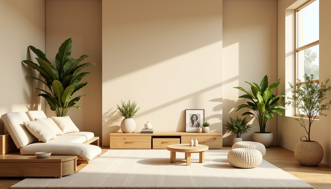 Prompt: Soften lit studio, warm beige walls, minimalist decor, natural wood furniture, vibrant green plants, creamy white accents, soft pastel colors, calming atmosphere, gentle warm lighting, shallow depth of field, 3/4 composition, panoramic view, realistic textures, ambient occlusion.