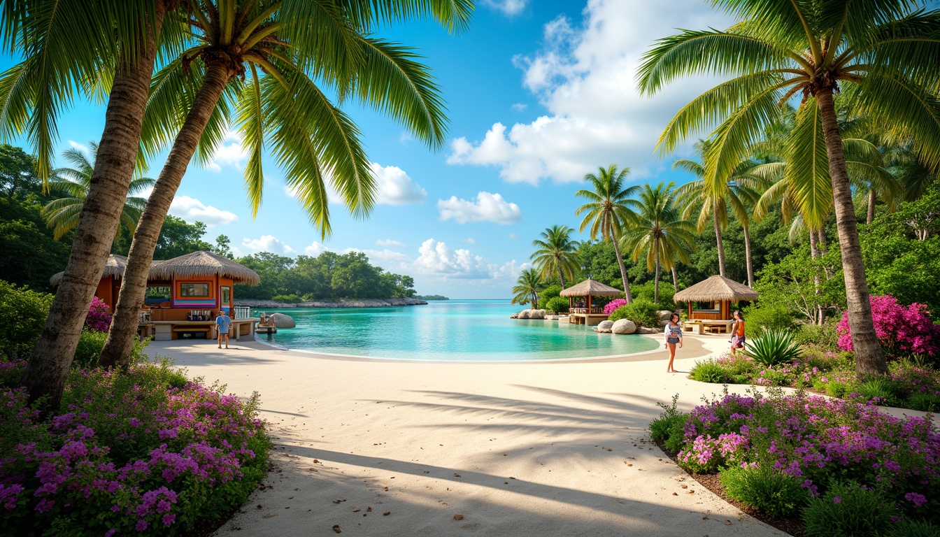 Prompt: Vibrant tropical island, lush green palm trees, bright floral arrangements, warm sandy beaches, turquoise ocean waters, coral reef structures, colorful tiki huts, exotic fruit stands, lively summer vibes, high-saturation colors, pastel pink accents, electric blue hues, sunshine yellow tones, emerald green foliage, iridescent peacock feathers, shimmering golden light, soft focus photography, 1/2 composition, natural bokeh effects, realistic atmospheric fog.