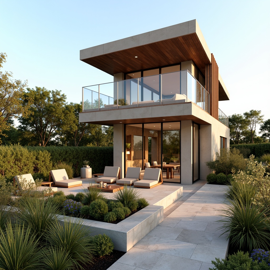 Prompt: Modern architecture, sleek glass fa\u00e7ade, neutral color scheme, calming earth tones, warm beige walls, cool gray accents, vibrant greenery, lush rooftop garden, natural stone flooring, wooden decorative elements, subtle texture contrasts, soft warm lighting, shallow depth of field, 3/4 composition, realistic material renderings, ambient occlusion.