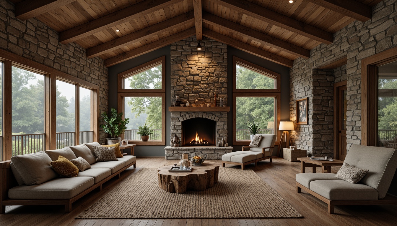 Prompt: Rustic mountain lodge, natural stone walls, wooden beam ceilings, earthy color palette, organic textures, reclaimed wood furniture, woven wicker accents, live edge coffee tables, plush area rugs, warm fireplace, soft candlelight, misty forest surroundings, dense foliage, rugged terrain, serene wilderness atmosphere, 1/1 composition, shallow depth of field, realistic renderings, ambient occlusion.