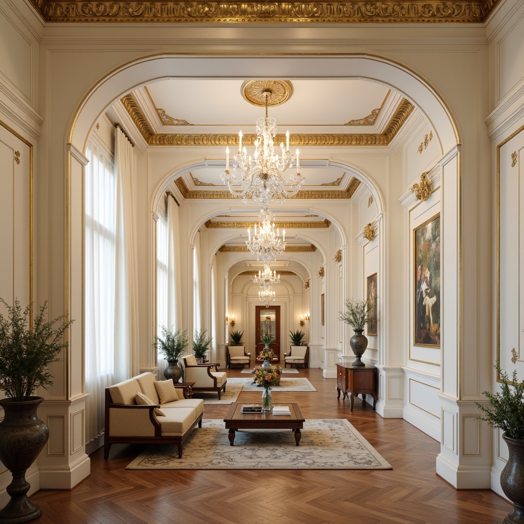 Prompt: Luxurious interior, creamy white walls, ornate molding details, golden accents, crystal chandeliers, plush velvet sofas, rich wood flooring, intricate ceiling designs, subtle lighting effects, soft warm ambiance, 3/4 composition, shallow depth of field, elegant furniture arrangements, refined decorative elements, sophisticated color palette, majestic archways, opulent drapery, lavish textiles, exquisite craftsmanship.