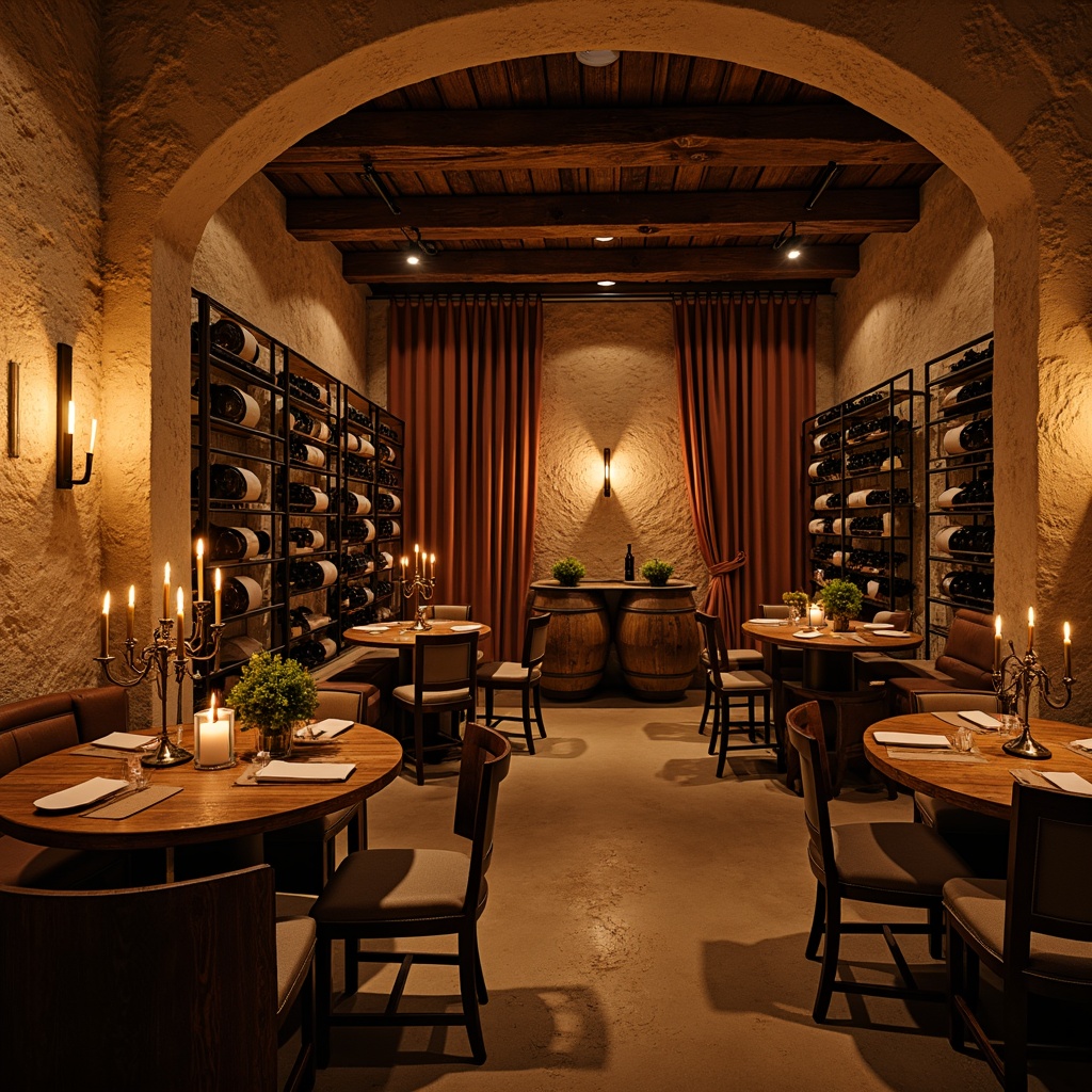 Prompt: Rustic wine cellar, distressed wood accents, soft warm lighting, candelabras, vintage metal lanterns, dimmable LED strips, warm beige stone walls, wooden barrel tables, ornate metal wine racks, rich velvet drapes, intimate seating areas, warm earthy tones, subtle shadows, dramatic highlight lighting, 1/2 composition, shallow depth of field, realistic textures, ambient occlusion.