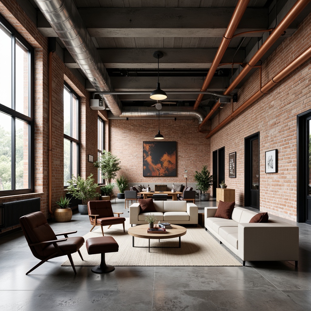 Prompt: Exposed brick walls, industrial metal beams, polished concrete floors, modern minimalist decor, metallic accents, silver tone lighting fixtures, copper pipes, distressed wood textures, urban loft atmosphere, natural light pouring in, high ceilings, open space layout, edgy modern furniture, sleek leather upholstery, matte black metal frames, subtle rustic touches, warm neutral color palette, soft industrial ambiance, 1/1 composition, shallow depth of field, realistic material renderings.