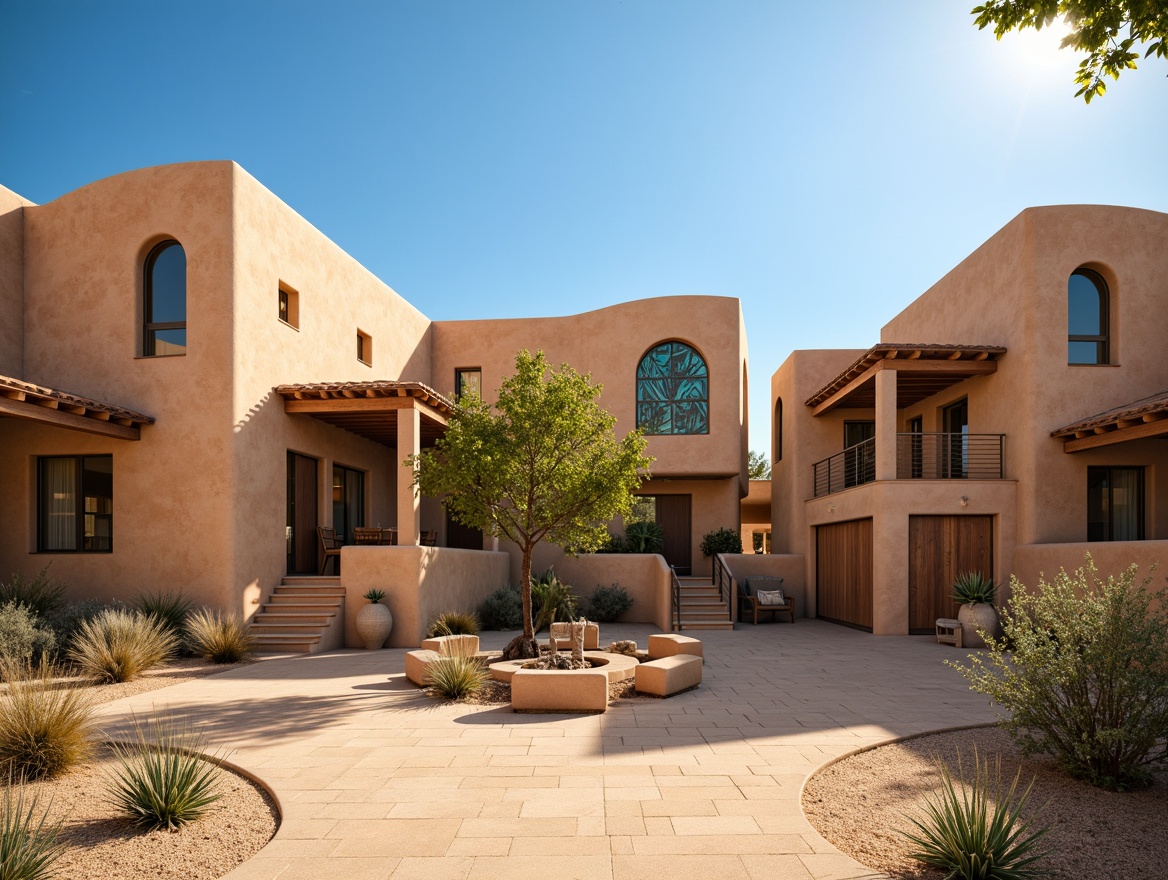 Prompt: Southwestern style adobe buildings, earthy brown color palette, curved lines, rustic wooden accents, clay tile roofs, stucco walls, arched windows, ornate metalwork, desert landscape, cactus plants, sandy dunes, hot sunny day, clear blue sky, natural ventilation systems, windcatchers, clerestory windows, solar-powered fans, evaporative cooling systems, shaded outdoor spaces, misting systems, rustic wooden shutters, decorative ironwork, vibrant turquoise accents, intricate geometric patterns, warm golden lighting, soft focus, 1/2 composition, realistic textures.