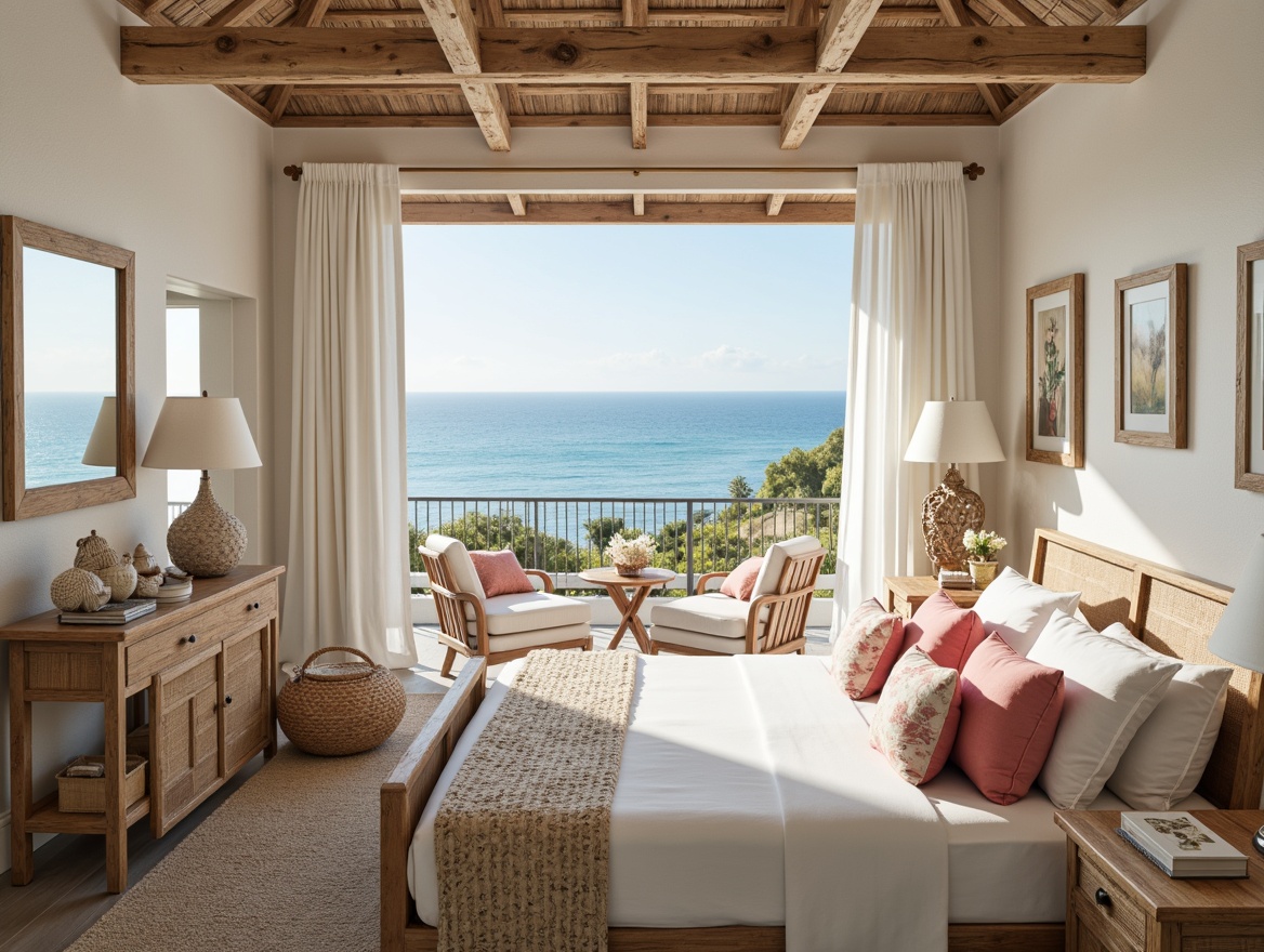 Prompt: Coastal bedroom, calming ocean views, soothing blue hues, natural linen fabrics, woven sea grass patterns, driftwood furniture, weathered wooden accents, soft coral pink throw pillows, shell-shaped decorative accessories, nautical rope details, billowy white curtains, beachy vibe, warm sunny day, soft golden lighting, shallow depth of field, 1/1 composition, realistic textures, ambient occlusion.