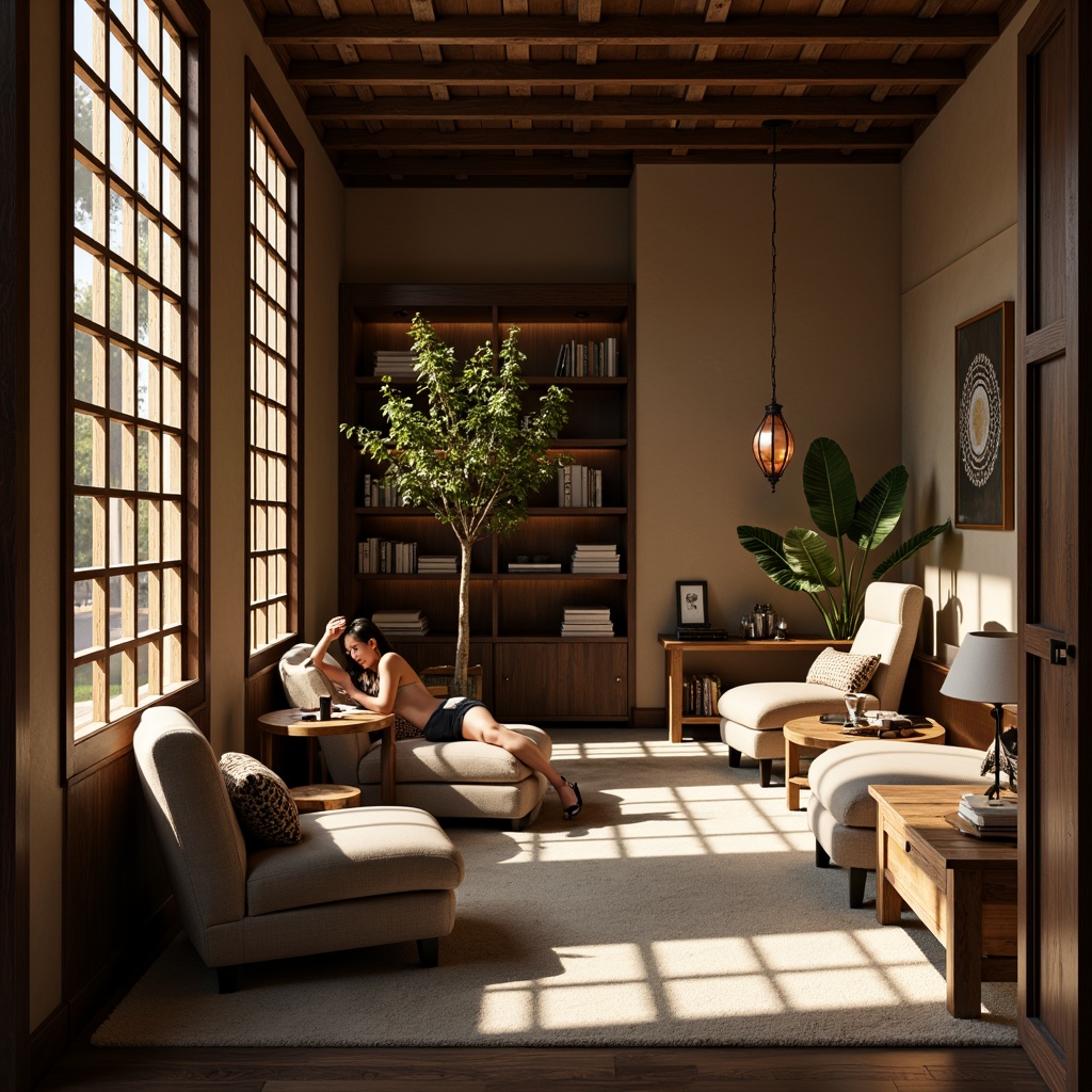 Prompt: Cozy reading nook, Asian-inspired furniture, dark wood accents, plush cushions, soft velvet fabrics, subtle lantern lighting, warm beige tones, natural bamboo textures, intricate carvings, minimalist decor, quiet atmosphere, studious ambiance, comfortable ergonomic chairs, wooden desks, paper lanterns, soft instrumental music, afternoon sunlight, shallow depth of field, 1/2 composition, realistic rendering.