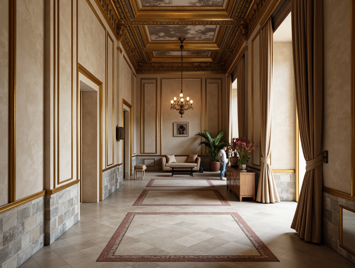 Prompt: Elegant museum interior, French country style wall treatments, distressed wooden paneling, soft beige stucco, rustic stone veneer, ornate gold molding, luxurious velvet drapes, subtle texture contrasts, warm ambient lighting, shallow depth of field, 1/1 composition, soft focus, realistic textures, ambient occlusion.