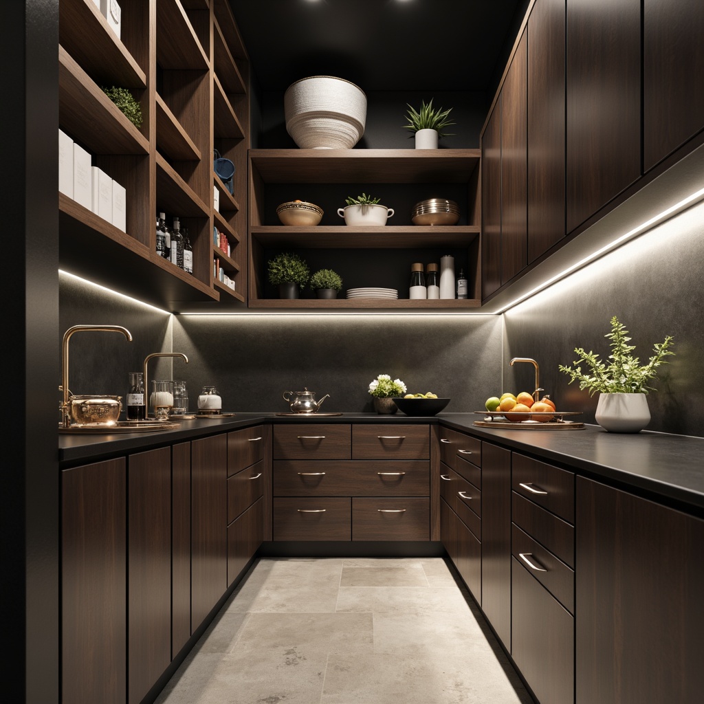 Prompt: Sleek modern pantry, polished chrome accents, minimalist cabinetry, soft-close drawers, matte black countertops, LED strip lighting, under-cabinet task lighting, pendant lights, warm white ambiance, subtle shadows, 1/1 composition, shallow depth of field, realistic textures, ambient occlusion.