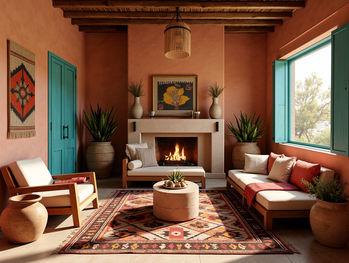 Prompt: Vibrant turquoise accents, warm terracotta walls, rustic wooden furniture, natural woven textiles, earthy adobe tones, bold geometric patterns, colorful Native American-inspired rugs, distressed leather upholstery, woven baskets, clay pottery vases, desert botanicals, bright coral hues, soft sandy neutrals, warm golden lighting, shallow depth of field, 1/2 composition, realistic textures, ambient occlusion.