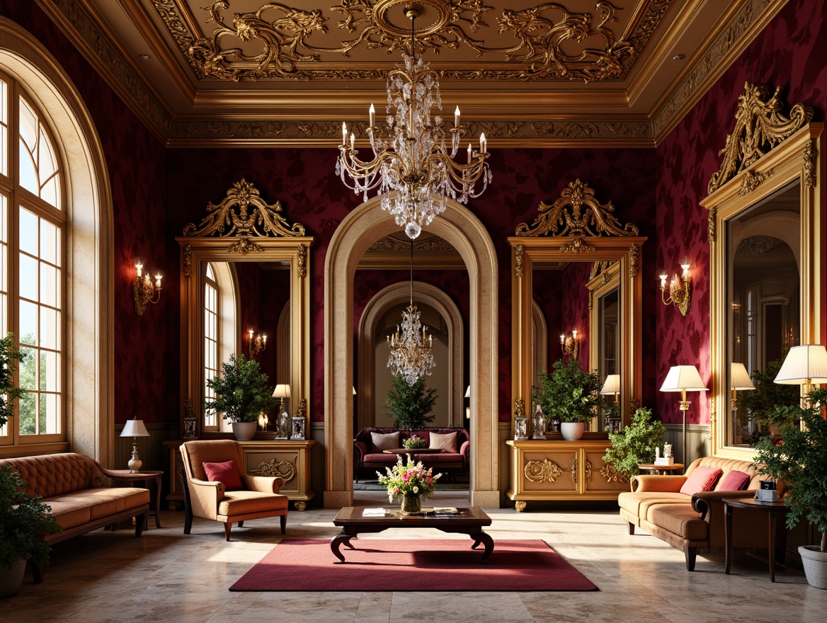 Prompt: Opulent home gym, ornate gold accents, lavish crimson velvet, intricate wooden carvings, Rococo-inspired mirrors, grand crystal chandeliers, luxurious leather upholstery, gilded ironwork, marble floors, stately columns, arched windows, soft warm lighting, shallow depth of field, 1/1 composition, realistic textures, ambient occlusion.