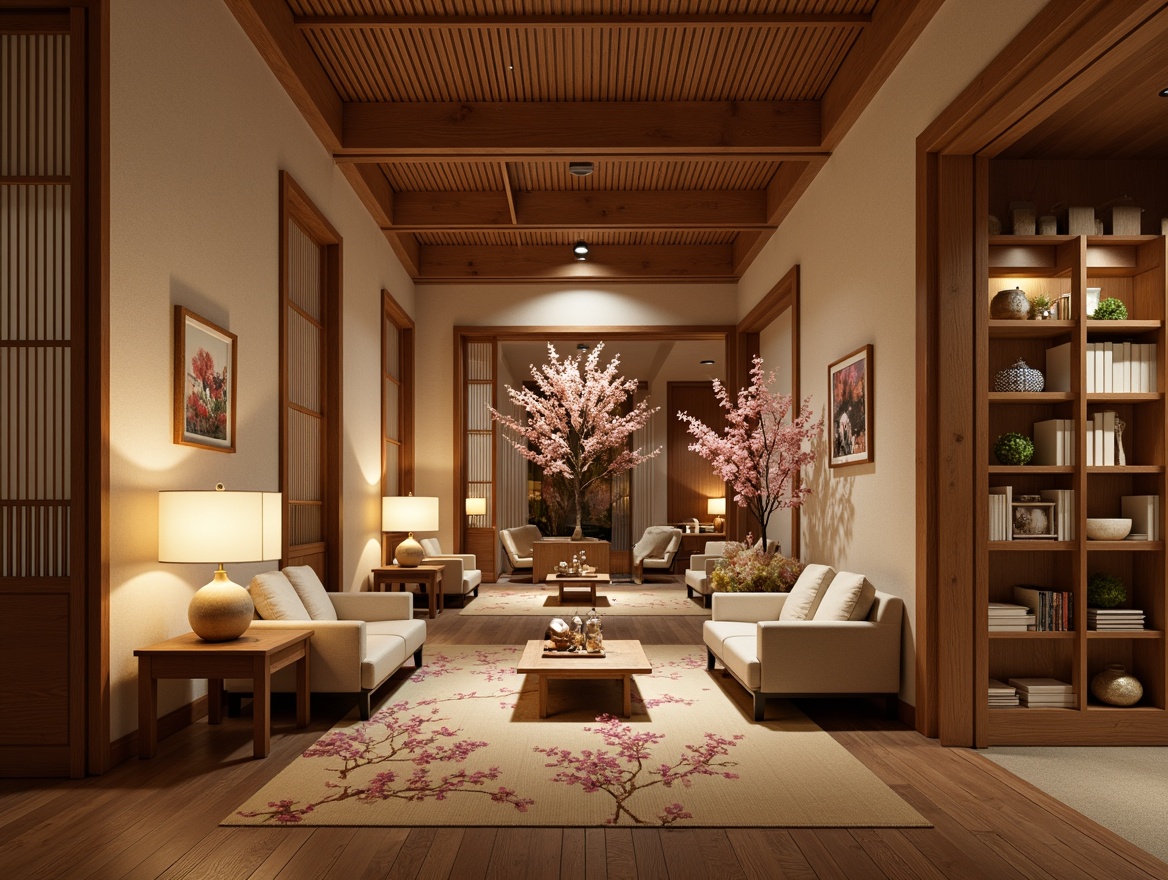 Prompt: \Soothing Asian-style library, warm wooden accents, paper lanterns, delicate cherry blossom patterns, natural fiber rugs, minimalist shelves, traditional Japanese sliding doors, soft warm lighting, table lamps with rice paper shades, floor lamps with woven bamboo details, cozy reading nooks, comfortable seating areas, subtle fragrance of incense, warm beige walls, rustic wooden ceiling, elegant curved lines, peaceful ambiance, shallow depth of field, 1/2 composition, warm color temperature, realistic textures.\