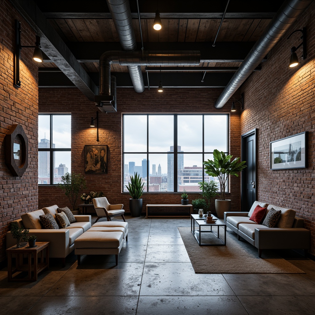 Prompt: Exposed brick walls, metal beams, industrial-style lighting fixtures, reclaimed wood accents, vintage machinery parts, distressed concrete floors, urban cityscape views, moody atmospheric lighting, shallow depth of field, 2/3 composition, cinematic angles, realistic textures, ambient occlusion, modern minimalist decor, sleek metal furniture, functional industrial design elements.